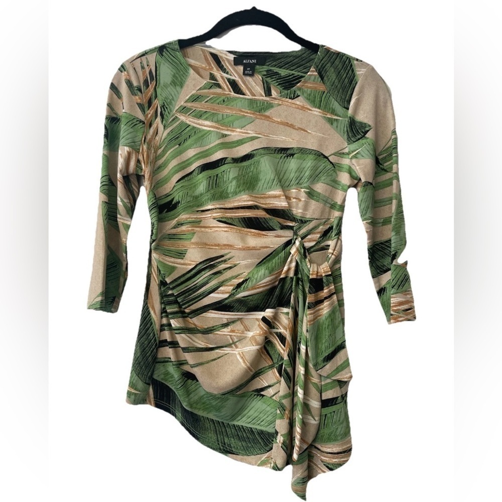 NWOT Alfani Palm Print Tie front Tunic Green/tan Size PP tropical, resort wear